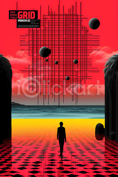 사람 한명 PSD 디지털합성 실루엣 편집이미지 격자 공간 길 바다 빨간색 원형 전신 추상 포스터