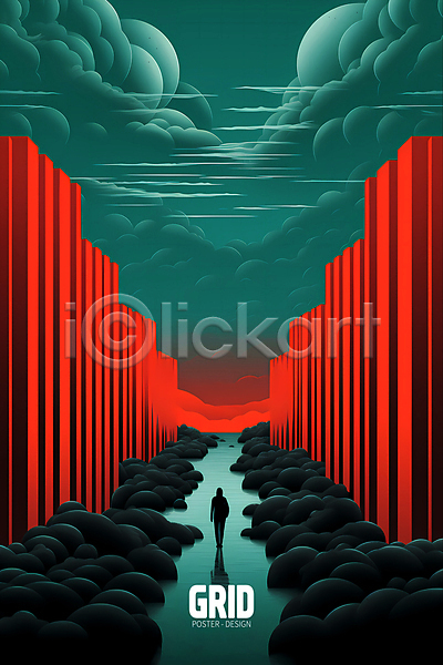 사람 한명 PSD 디지털합성 실루엣 편집이미지 걷기 격자 공간 구름(자연) 길 바위(돌) 빨간색 추상 포스터