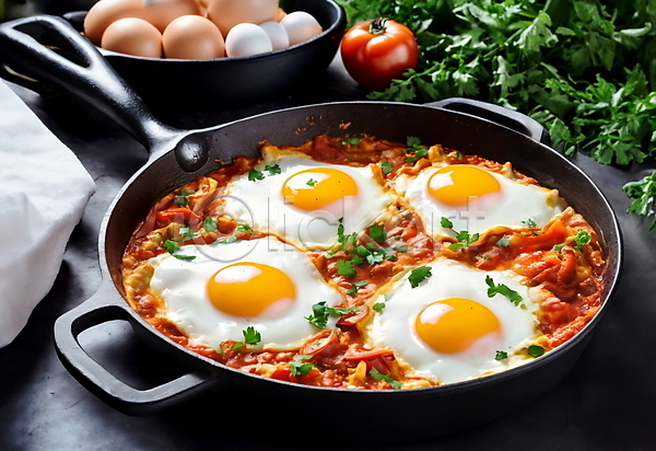 사람없음 JPG 편집이미지 계란 계란요리 고수 에그인헬 음식 천(직물) 토마토 프라이팬