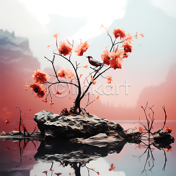 사람없음 JPG 디지털합성 편집이미지 꽃 돌(바위) 물 반사 분홍색 자연 조류 풍경(경치)