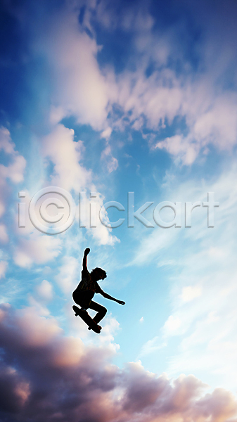 사람 성인 성인한명만 한명 JPG 실루엣 편집이미지 구름(자연) 스케이트보드 일몰 전신 점프 풍경(경치) 하늘