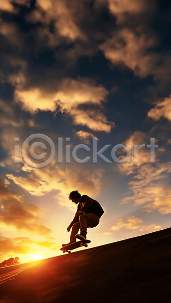 사람 성인 성인한명만 한명 JPG 편집이미지 구름(자연) 스케이트보드 역광 일몰 전신 점프 풍경(경치) 하늘 햇빛