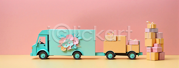 사람없음 JPG 편집이미지 꽃 배송 분홍색 선물상자 쇼핑 오브젝트 파스텔톤 페이퍼아트 화물트럭