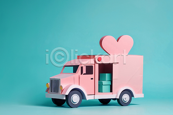사람없음 JPG 편집이미지 배송 분홍색 선물상자 쇼핑 오브젝트 파스텔톤 페이퍼아트 하늘색 하트 화물트럭