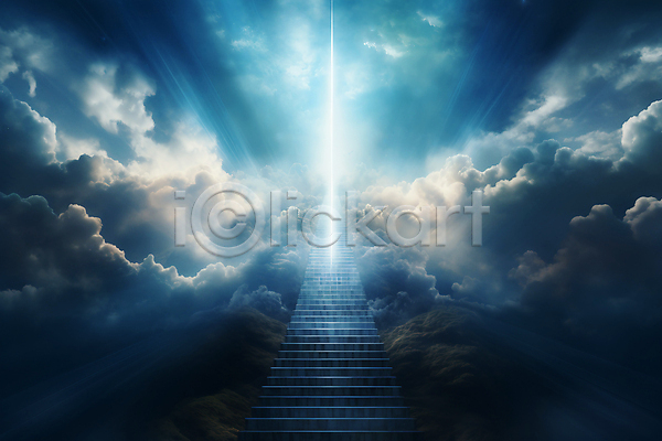 사람없음 JPG 편집이미지 계단 구름(자연) 기독교 몽환 빛 천국 파란색 하늘 환상