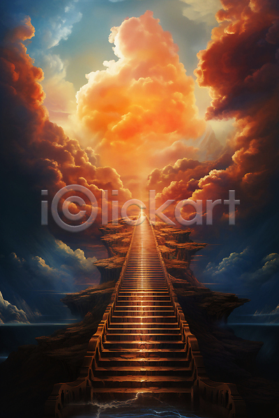 사람없음 JPG 편집이미지 계단 구름(자연) 기독교 몽환 빛 주황색 천국 하늘 환상