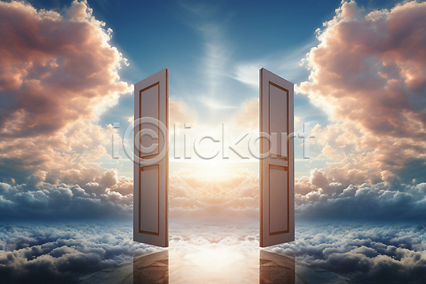 사람없음 JPG 편집이미지 구름(자연) 기독교 몽환 문 반사 빛 오픈 천국 파란색 하늘 환상
