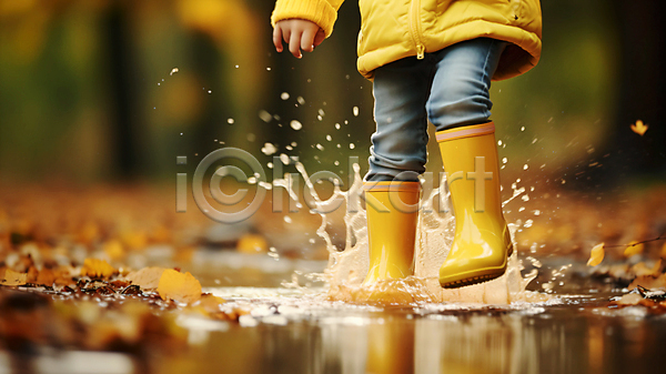 사람 어린이 한명 JPG 편집이미지 가을(계절) 공원 낙엽 다리(신체부위) 단풍 레인부츠 물놀이 발장구 비(날씨) 우비 웅덩이 튀는물 하반신
