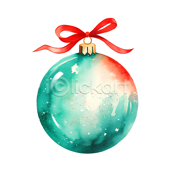 사람없음 JPG 일러스트 겨울 리본 방울(장식품) 수채화(물감) 오너먼트 오브젝트 청록색 크리스마스