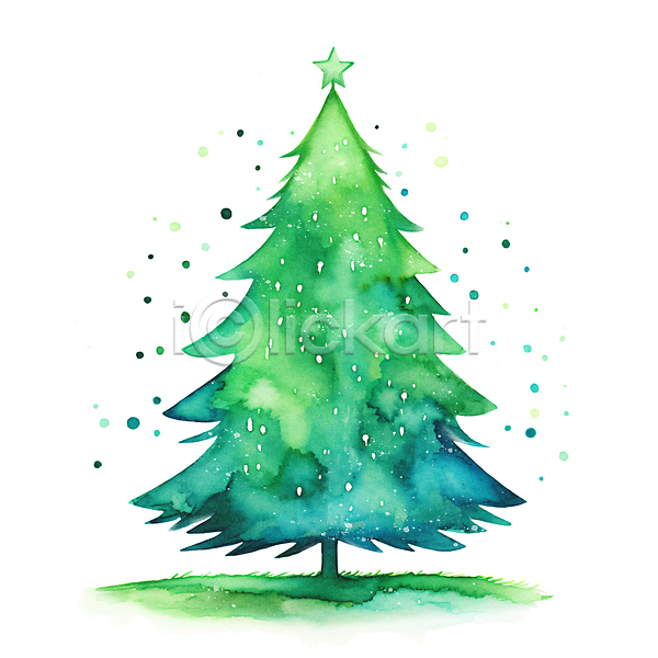 사람없음 JPG 일러스트 겨울 나무 별 수채화(물감) 오브젝트 초록색 크리스마스 크리스마스트리