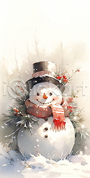 귀여움 포근함 사람없음 JPG 일러스트 겨울 눈(날씨) 눈사람 모자(잡화) 수채화(물감) 털목도리