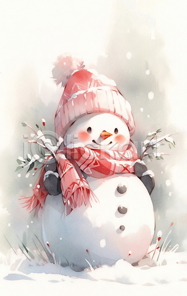 귀여움 포근함 사람없음 JPG 일러스트 겨울 눈(날씨) 눈사람 수채화(물감) 털모자 털목도리