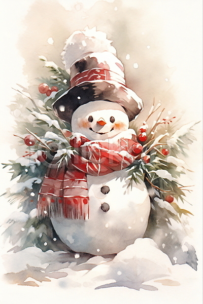 귀여움 포근함 사람없음 JPG 일러스트 겨울 눈(날씨) 눈사람 모자(잡화) 수채화(물감) 털목도리