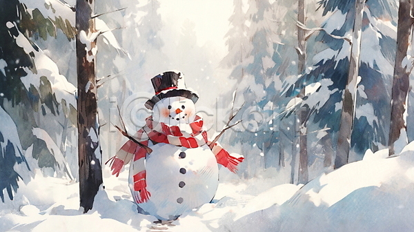 귀여움 포근함 사람없음 JPG 일러스트 겨울 나무 눈(날씨) 눈사람 모자(잡화) 수채화(물감) 털목도리