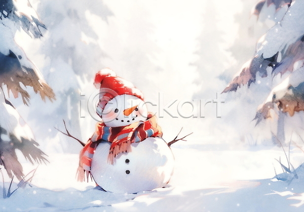 귀여움 포근함 사람없음 JPG 일러스트 겨울 눈(날씨) 눈사람 수채화(물감) 털모자 털목도리