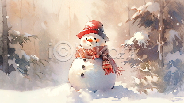 귀여움 포근함 사람없음 JPG 일러스트 겨울 나무 눈(날씨) 눈사람 수채화(물감) 털모자 털목도리
