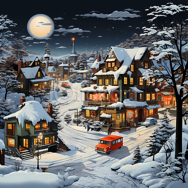 사람없음 JPG 디지털합성 편집이미지 겨울 구름(자연) 나무 눈(날씨) 눈덮임 달 마을 야간 자동차 주택 크리스마스 풍경(경치) 하늘