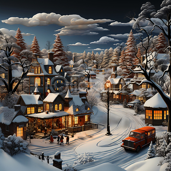 사람없음 JPG 디지털합성 편집이미지 겨울 구름(자연) 나무 눈(날씨) 눈덮임 마을 자동차 주택 크리스마스 풍경(경치) 하늘