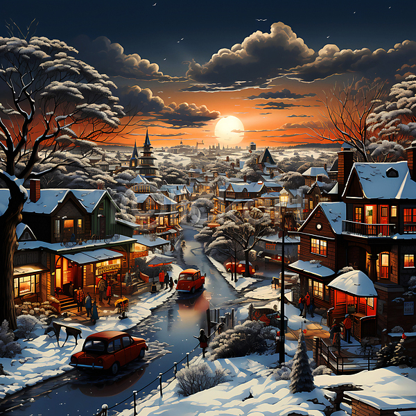 사람없음 JPG 디지털합성 편집이미지 겨울 구름(자연) 눈(날씨) 눈덮임 도로 마을 일몰 자동차 주택 크리스마스 태양 풍경(경치) 하늘