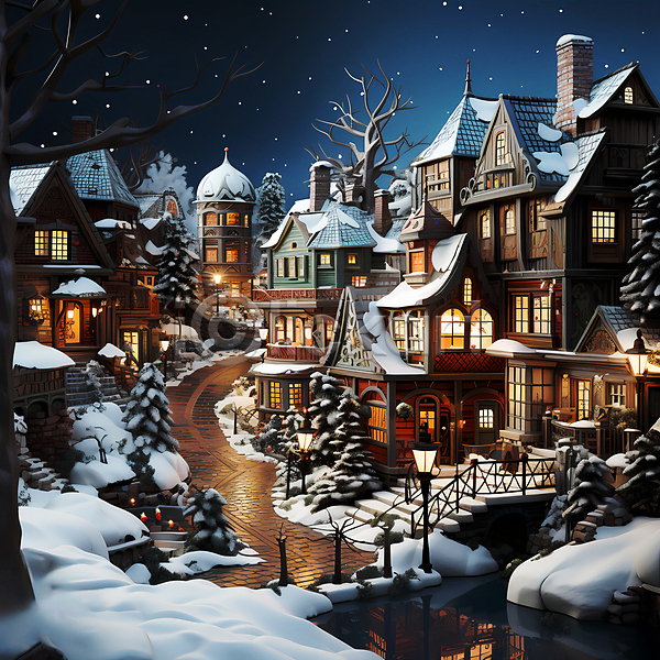 사람없음 JPG 디지털합성 편집이미지 겨울 나무 눈(날씨) 눈덮임 마을 야간 주택 크리스마스 풍경(경치) 하늘