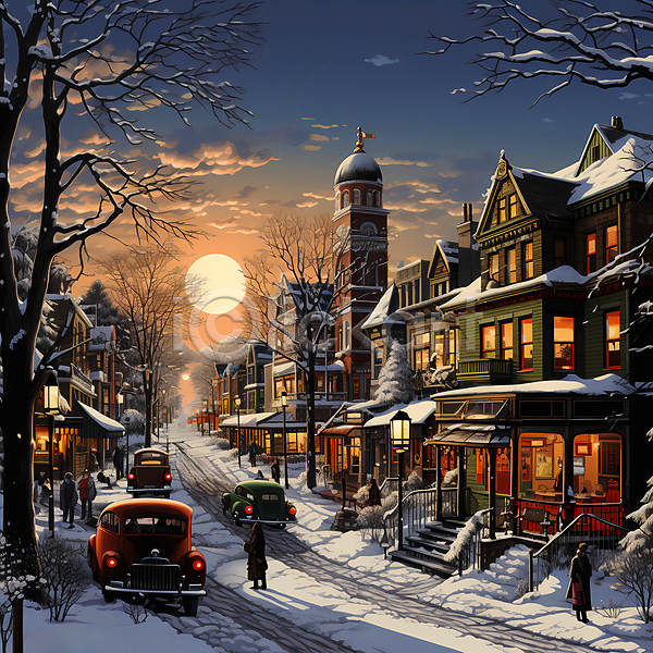사람없음 JPG 디지털합성 편집이미지 겨울 구름(자연) 길 나무 눈(날씨) 눈덮임 마을 일몰 자동차 주택 크리스마스 태양 풍경(경치) 하늘