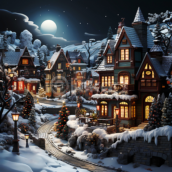 사람없음 JPG 디지털합성 편집이미지 겨울 구름(자연) 길 눈(날씨) 눈덮임 달 마을 밤하늘 주택 크리스마스 풍경(경치)