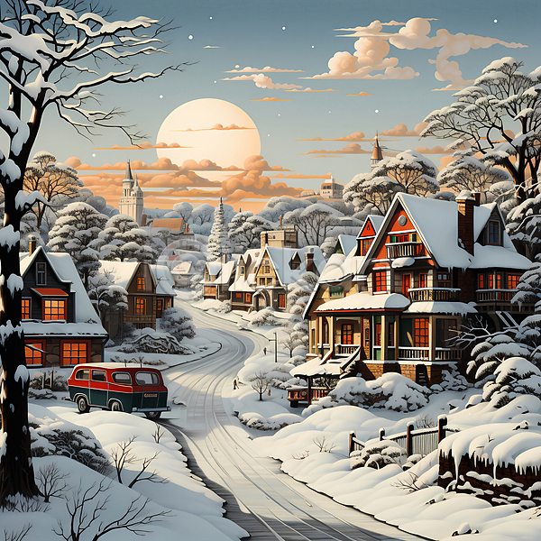 사람없음 JPG 디지털합성 편집이미지 겨울 구름(자연) 길 나무 눈(날씨) 눈덮임 마을 자동차 주택 크리스마스 태양 풍경(경치) 하늘