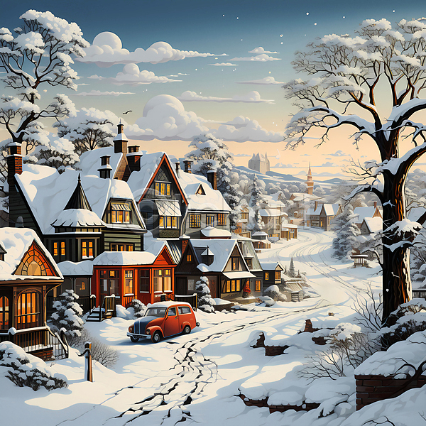 사람없음 JPG 디지털합성 편집이미지 겨울 구름(자연) 나무 눈(날씨) 눈덮임 마을 자동차 주택 크리스마스 풍경(경치) 하늘
