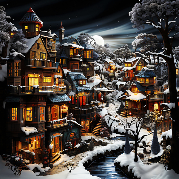 사람없음 JPG 디지털합성 편집이미지 겨울 나무 눈(날씨) 눈덮임 달 마을 밤하늘 주택 크리스마스 풍경(경치)