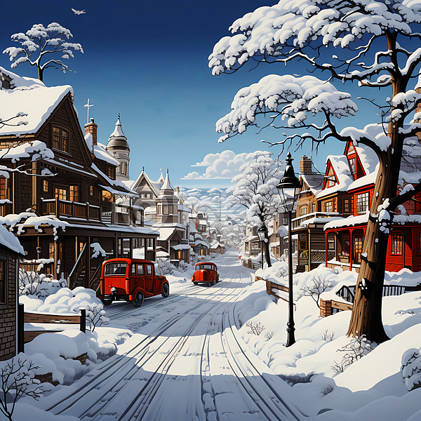 사람없음 JPG 디지털합성 편집이미지 겨울 구름(자연) 나무 눈(날씨) 눈덮임 마을 자동차 크리스마스 풍경(경치) 하늘