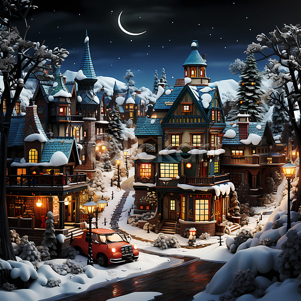 사람없음 JPG 디지털합성 편집이미지 겨울 나무 눈(날씨) 눈덮임 달 마을 밤하늘 자동차 주택 크리스마스 풍경(경치)