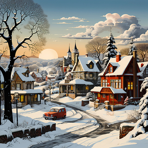 사람없음 JPG 디지털합성 편집이미지 겨울 구름(자연) 나무 눈(날씨) 눈덮임 마을 일몰 자동차 주택 크리스마스 풍경(경치) 하늘