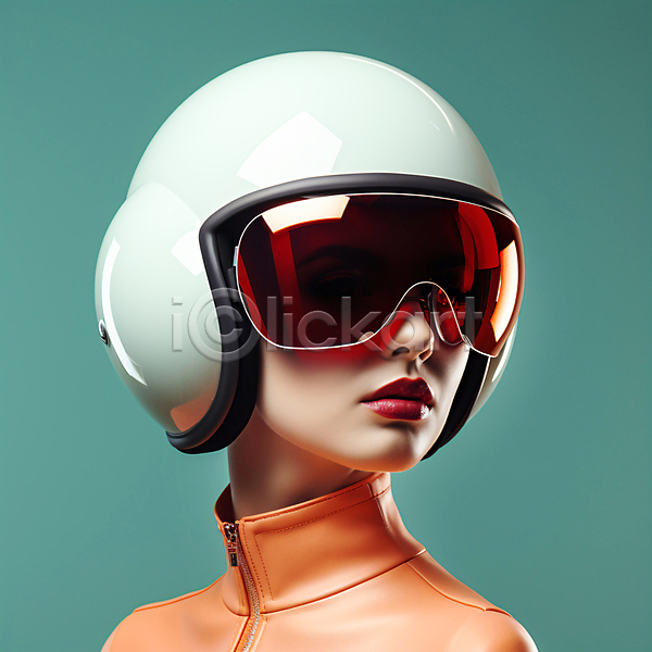 미래 성인 성인여자한명만 여자 한명 JPG 디지털합성 편집이미지 고글 무표정 상반신 착용 청록색 헬멧