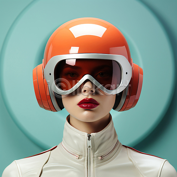 미래 성인 성인여자한명만 여자 한명 JPG 디지털합성 편집이미지 고글 무표정 상반신 착용 청록색 헬멧
