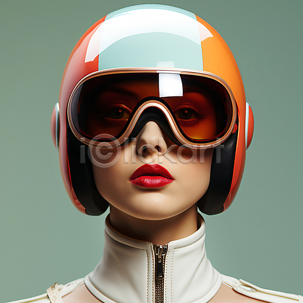 미래 성인 성인여자한명만 여자 한명 JPG 디지털합성 편집이미지 고글 무표정 상반신 주황색 착용 헬멧