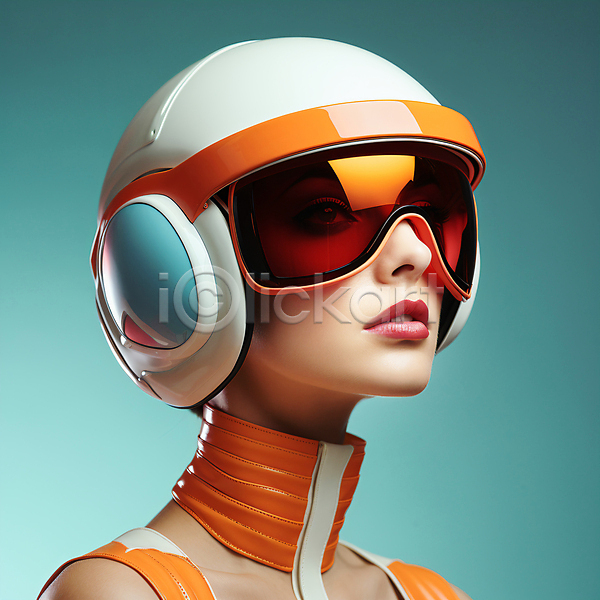 미래 성인 성인여자한명만 여자 한명 JPG 디지털합성 편집이미지 고글 무표정 상반신 주황색 착용 청록색 헬멧