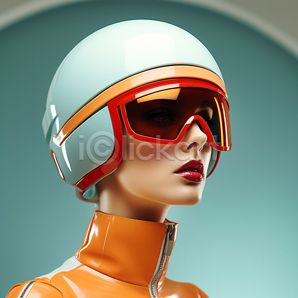 미래 성인 성인여자한명만 여자 한명 JPG 디지털합성 편집이미지 고글 무표정 상반신 주황색 착용 청록색 헬멧