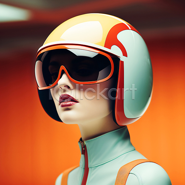 미래 성인 성인여자한명만 여자 한명 JPG 디지털합성 편집이미지 고글 무표정 상반신 주황색 착용 헬멧