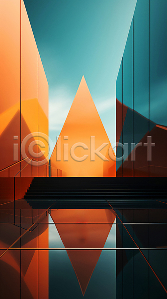 사람없음 JPG 디지털합성 편집이미지 건축물 공간 그래픽 디자인 반사 비어있는 삼각형 심플 주황색 추상