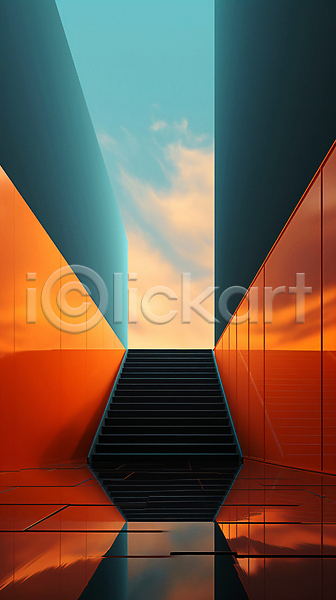 사람없음 JPG 디지털합성 편집이미지 건축물 계단 공간 구름(자연) 그래픽 디자인 반사 비어있는 심플 주황색 추상 하늘