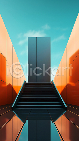 사람없음 JPG 디지털합성 편집이미지 건축물 계단 공간 구름(자연) 그래픽 디자인 반사 비어있는 심플 주황색 추상 하늘