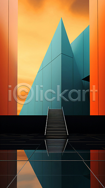 사람없음 JPG 디지털합성 편집이미지 건축물 계단 공간 그래픽 디자인 반사 비어있는 삼각형 심플 주황색 추상 하늘