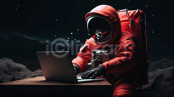 신비 사람 성인 성인한명만 한명 JPG 디지털합성 편집이미지 노트북 상반신 앉기 우주 우주복 우주비행사 타이핑 탁자 풍경(경치) 행성
