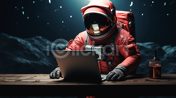 신비 사람 성인 성인한명만 한명 JPG 디지털합성 편집이미지 노트북 상반신 앉기 우주 우주복 우주비행사 탁자 풍경(경치) 행성