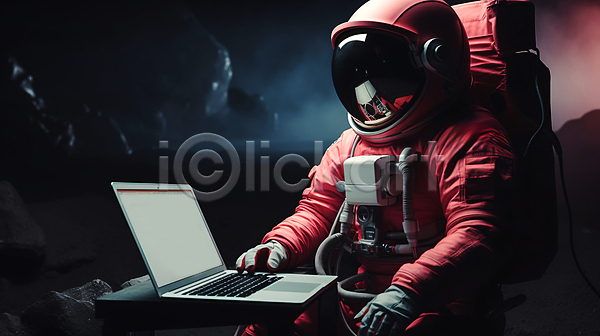 신비 사람 성인 성인한명만 한명 JPG 디지털합성 편집이미지 노트북 상반신 앉기 우주 우주복 우주비행사 풍경(경치) 행성