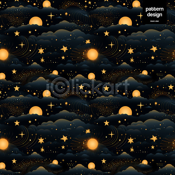 사람없음 PSD 일러스트 검은색 구름(자연) 금색 달 몽환 반짝임 별 패턴 패턴백그라운드