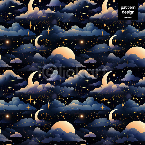 사람없음 PSD 일러스트 구름(자연) 남색 달 몽환 반짝임 별 패턴 패턴백그라운드