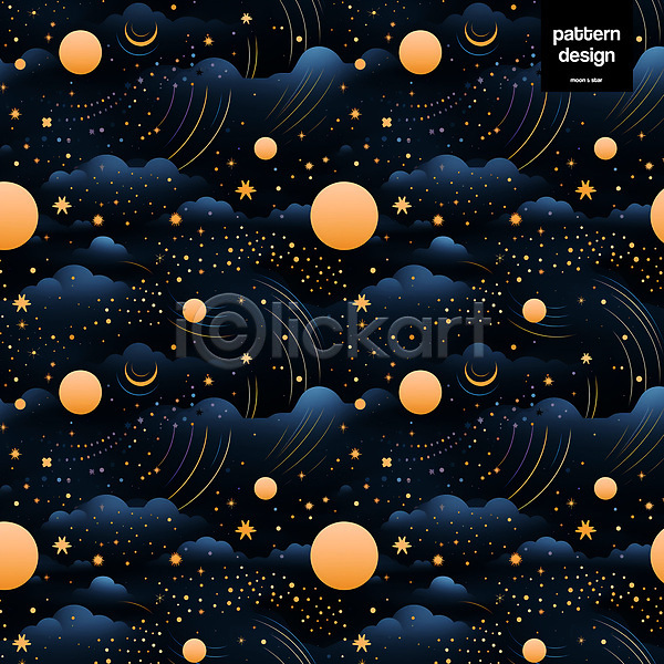 사람없음 PSD 일러스트 구름(자연) 남색 달 몽환 반짝임 별 주황색 패턴 패턴백그라운드