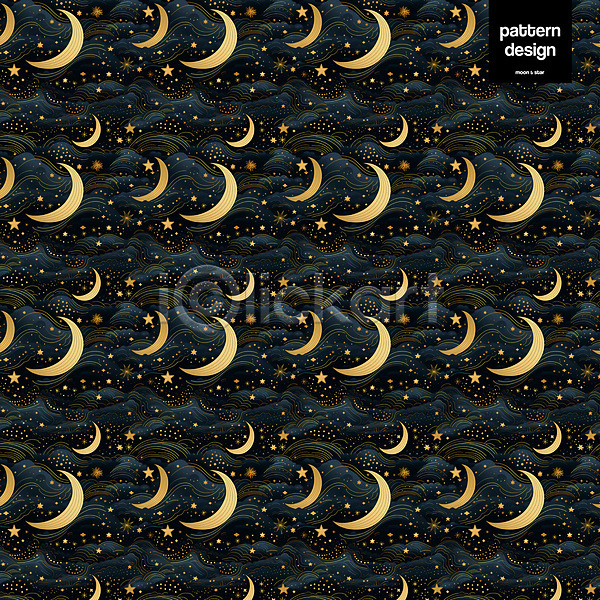 사람없음 PSD 일러스트 검은색 구름(자연) 금색 달 몽환 반짝임 별 패턴 패턴백그라운드