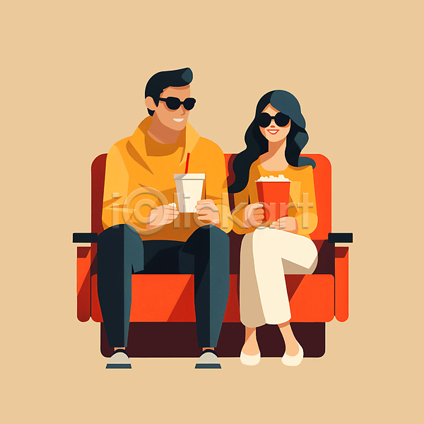 여유 남자 두명 성인 성인만 여자 JPG 일러스트 문화 문화생활 문화의날 선글라스 앉기 영화관 의자 전신 커플 콜라 팝콘